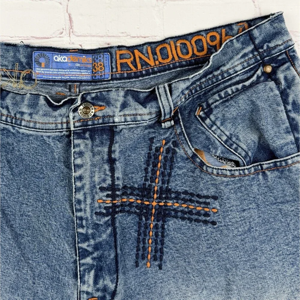 Akademiks Baggy Jean Shorts Vintage Y2K Blue Denim Embroidered Mens 38 Hip Hop
